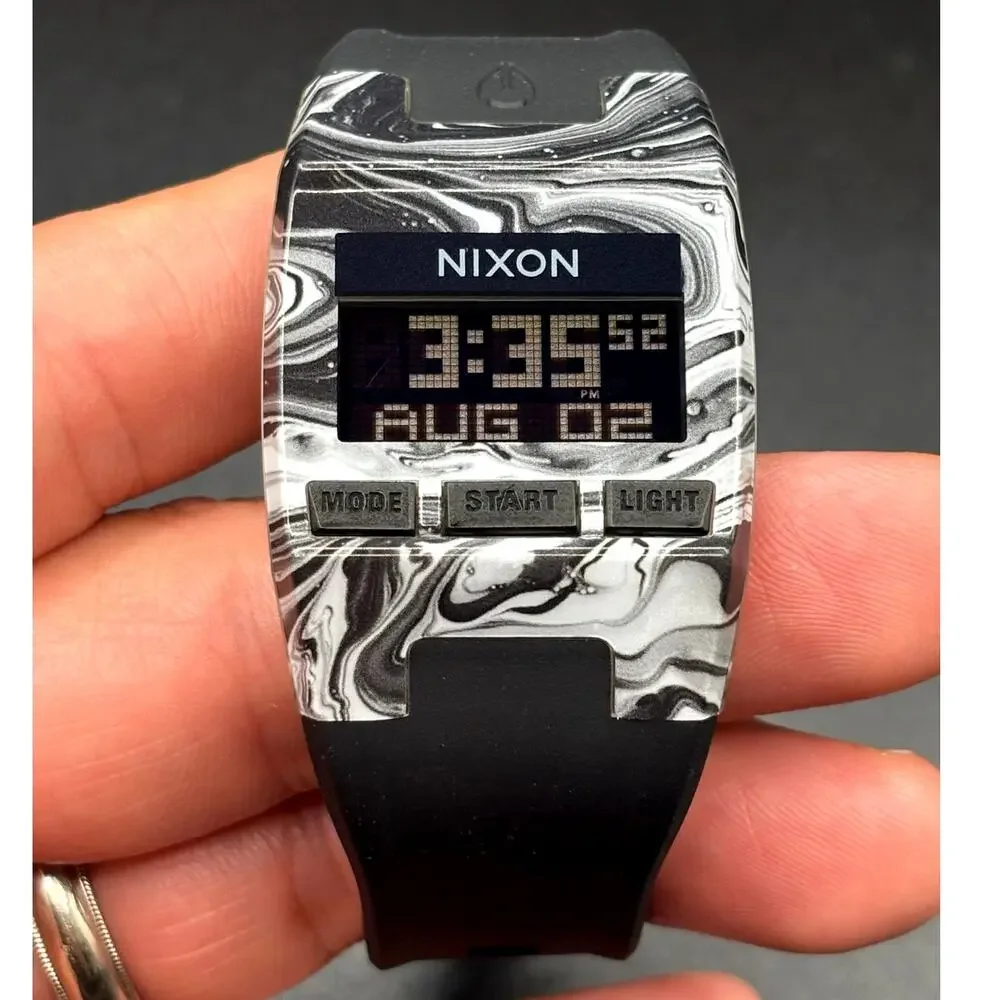 Nixon The Comp S Marbled Black White Amoeba Digital Surf Watch 100M A336